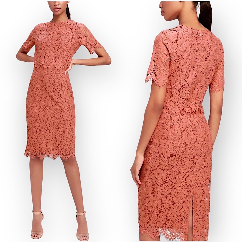 Lulus Devotion Rusty Rose Lace Short Sleeve Midi Dress Crew Neck Size Small
